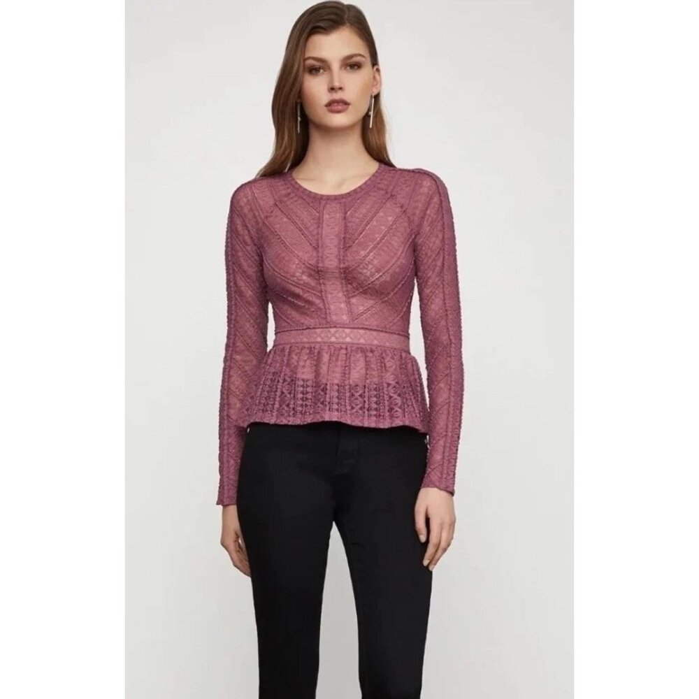 BCBGMAXAZRIA‎ Long Sleeve Mixed Lace Rose Pink Mauve Ruffle Top Blouse Medium